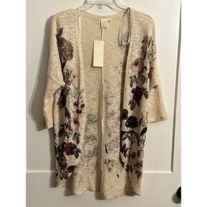 Live In The Moment Cardigan Sz M Floral Lightweight Open Knit Dolman Sleeve Boho